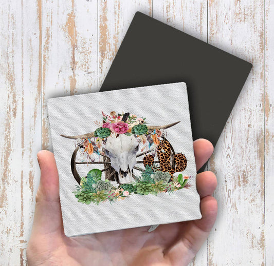 Western Cow Skull Cactus Southwestern Magnet Fridge - Sets of 2