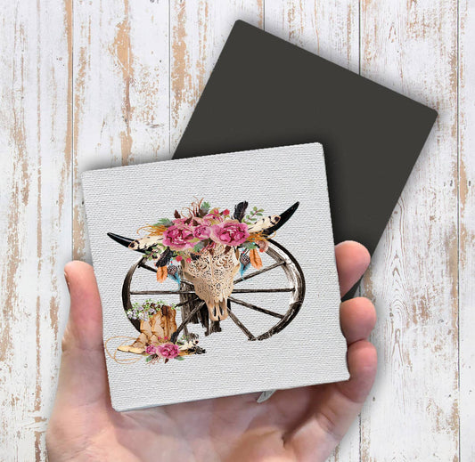 Western Cow Skull Cowboy Southwestern Magnet Fridge - Sets of 2