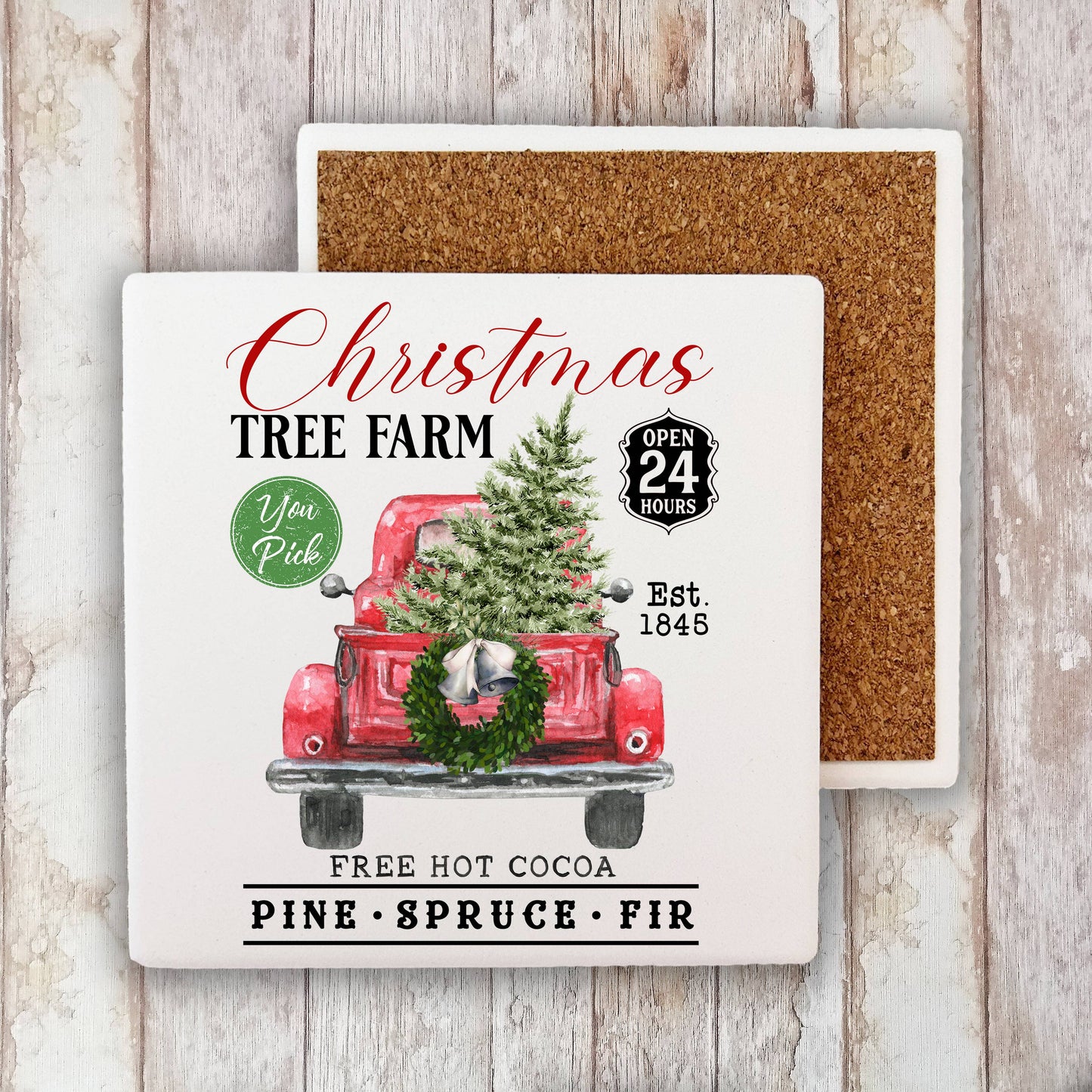 Christmas Tree Farm Red Pick Up Stone Coaster