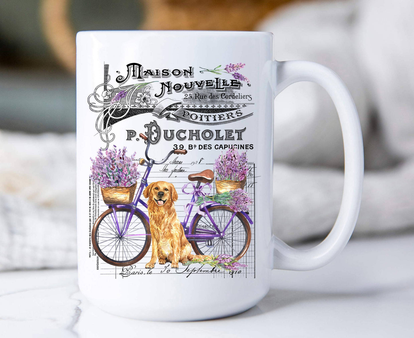French Lavender Golden Retreiver Dog 15 oz Coffee Mug