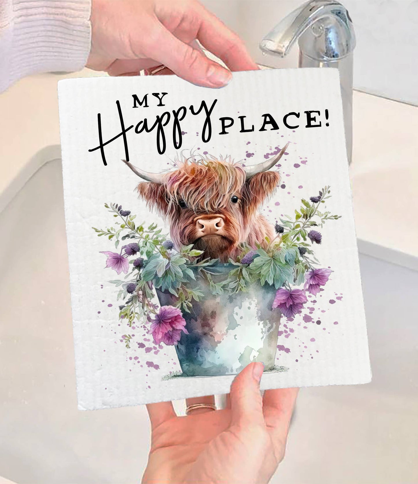 Set of 2 - Highland Cow My Happy Place SWEDISH DISH CLOTH