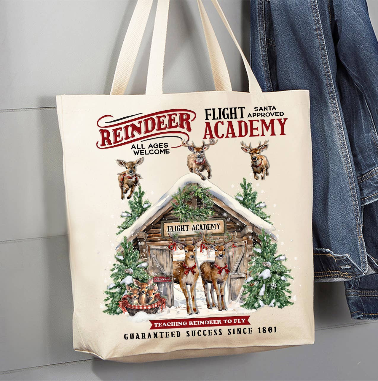 Christmas Reindeer Flight Academy Canvas Tote Bag