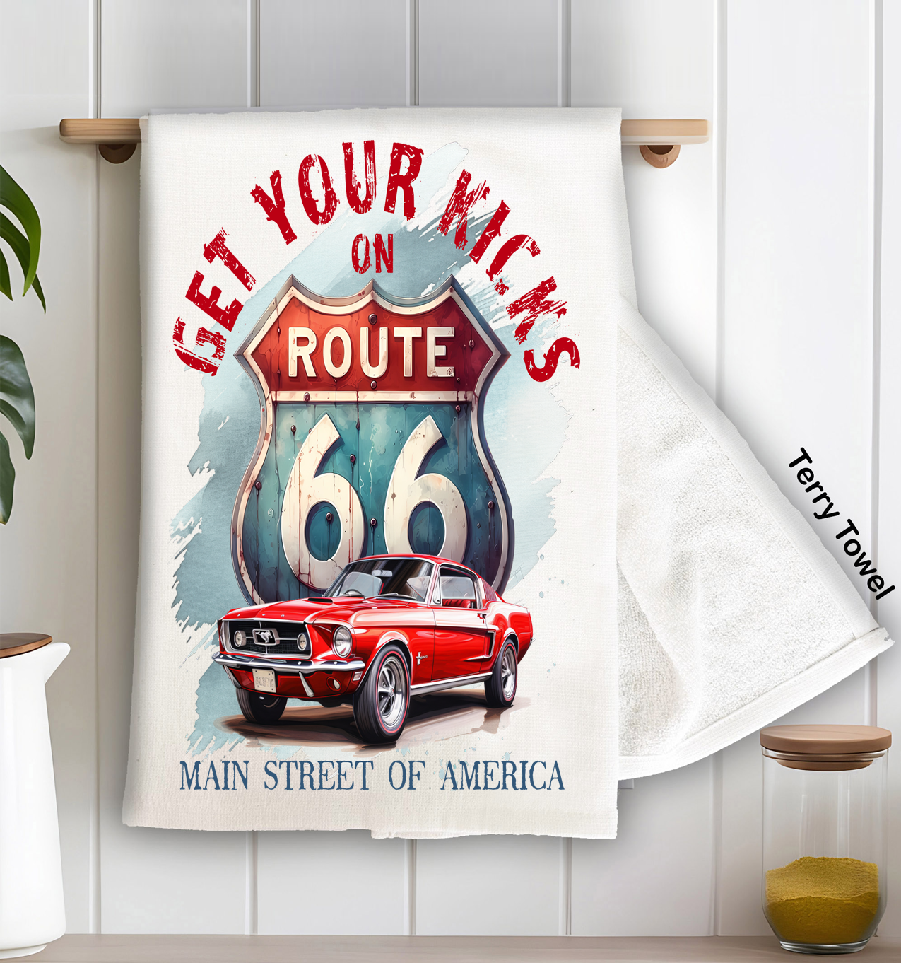 Route 66 Get your Kicks Mustang Kitchen Terry Towel