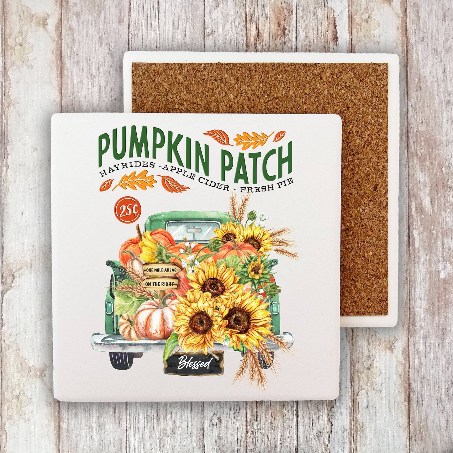 Autumn Fall Pumpkin Patch Green Truck Stone Coaster