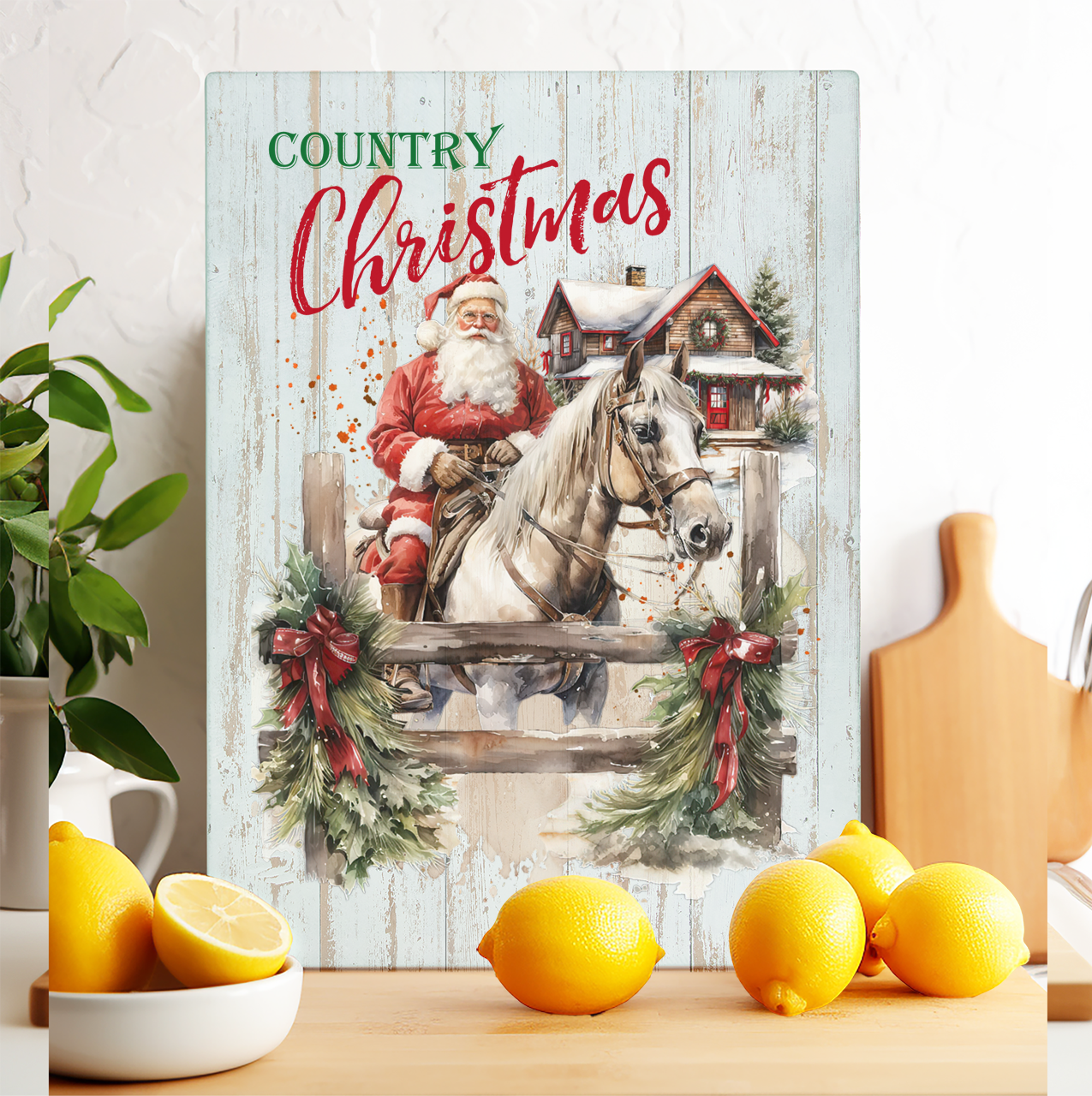 Glass Cutting Board Country Christmas Santa Riding Horse