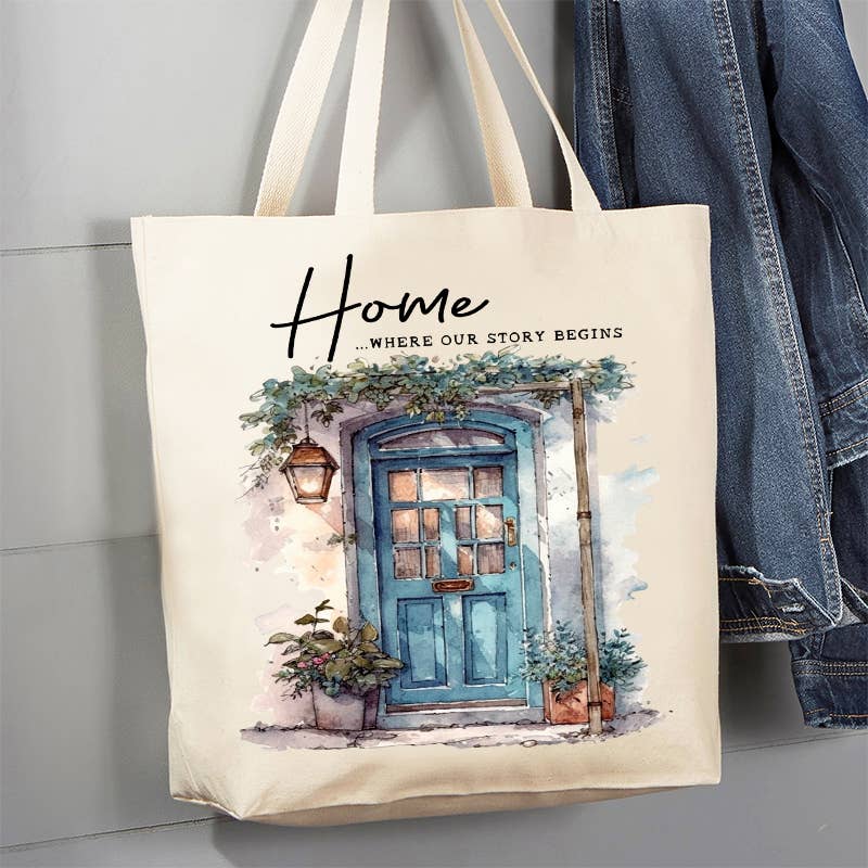Blue Door Home Our Story Begins Canvas Tote Bag