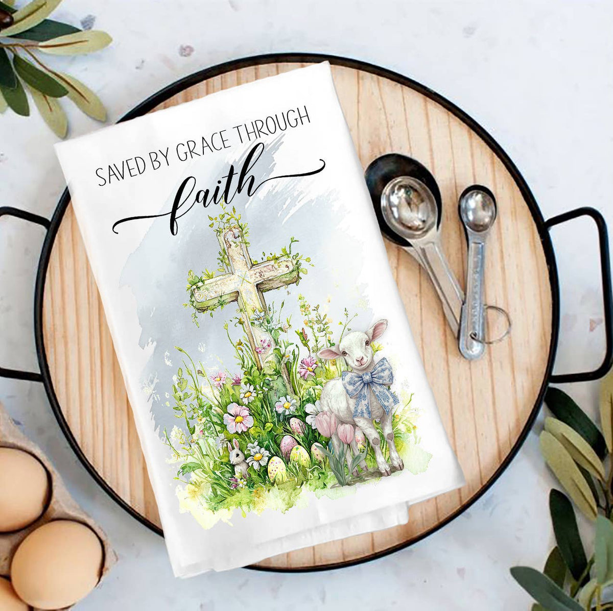 Saved by Grace Easter Lamb Cross Tea Towel