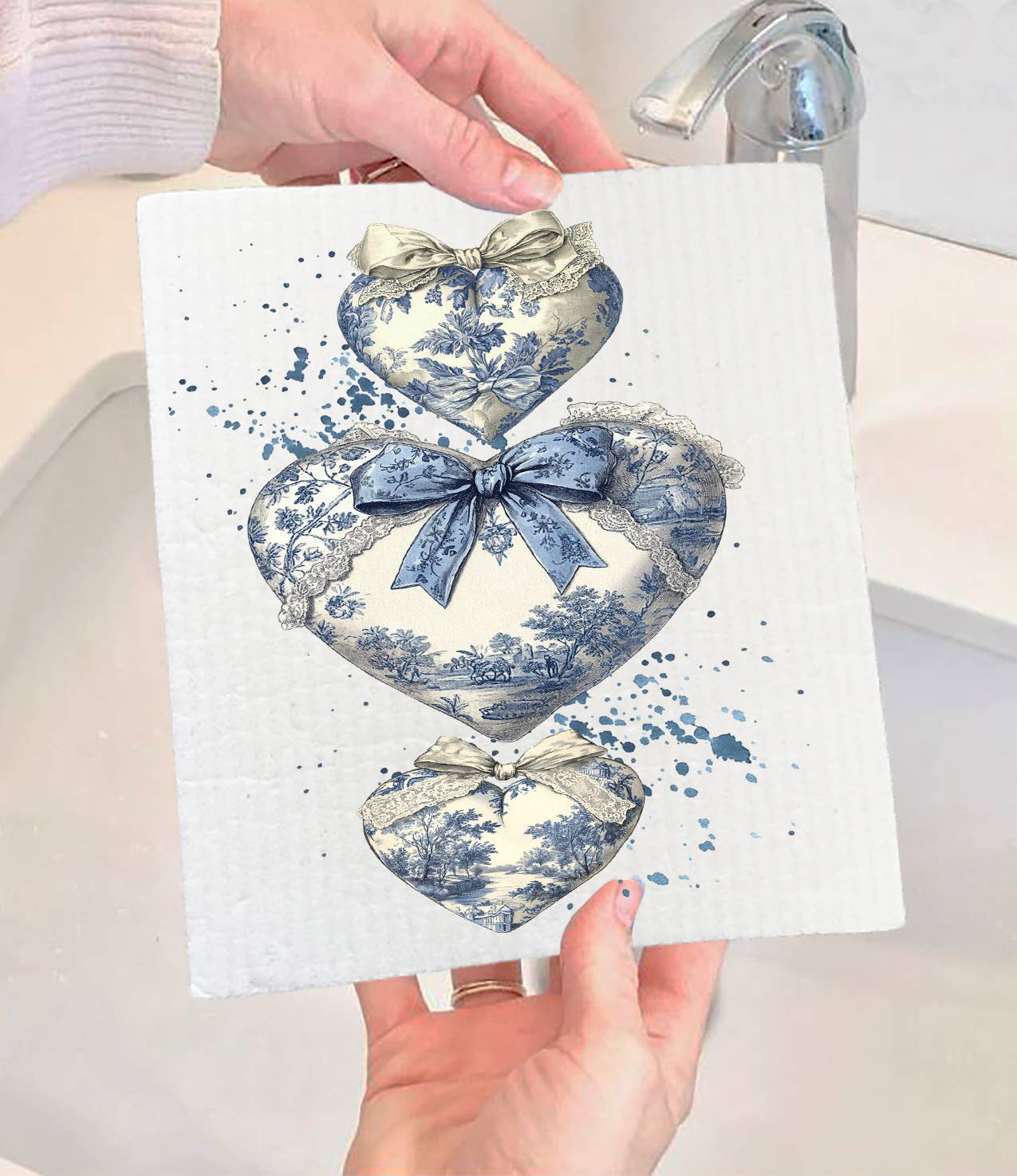 Chinoiserie Blue & White Hearts Valentine Swedish Dishcloth (Set of 2)