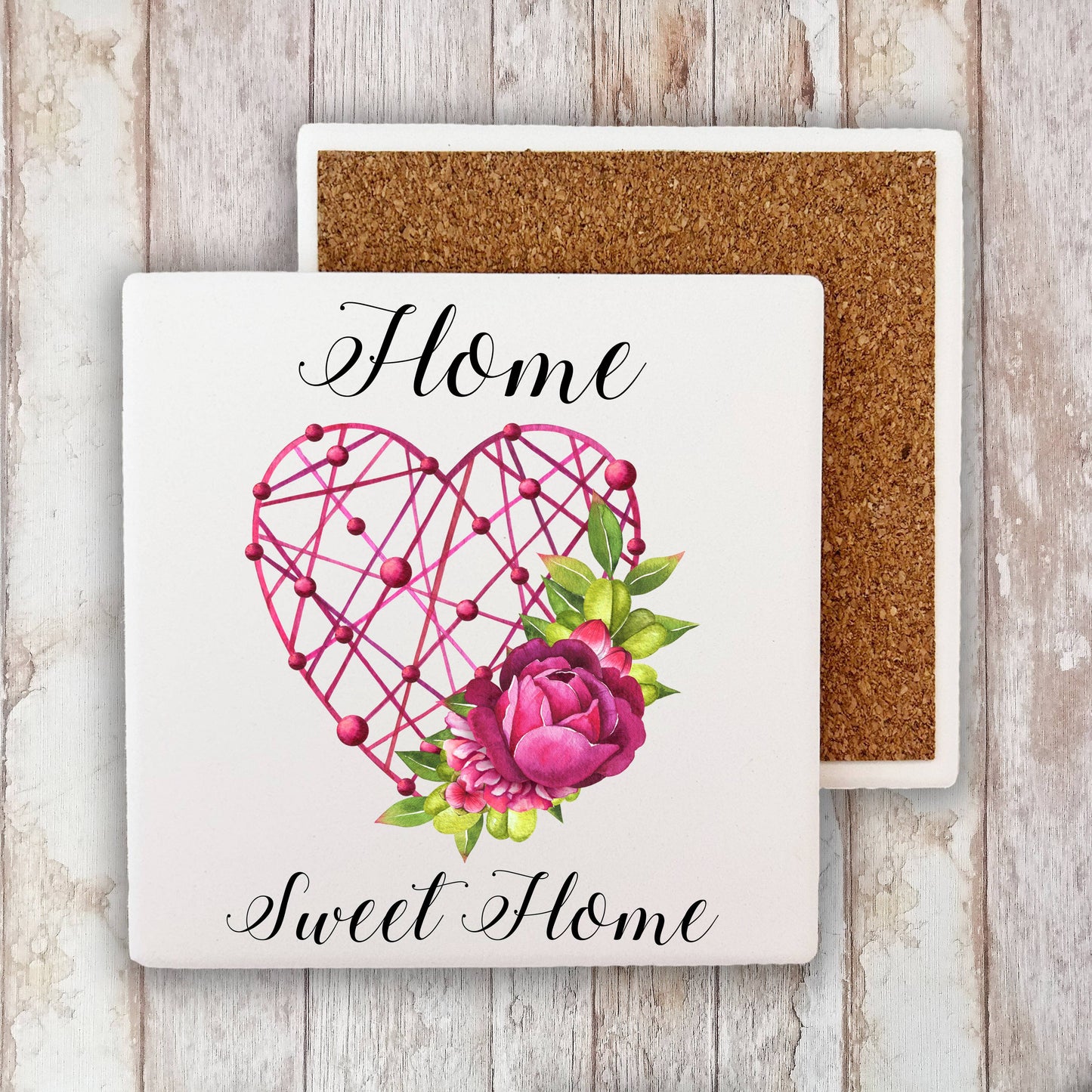 Valentine Heart Home Sweet Home Flour Sack Stone Coaster