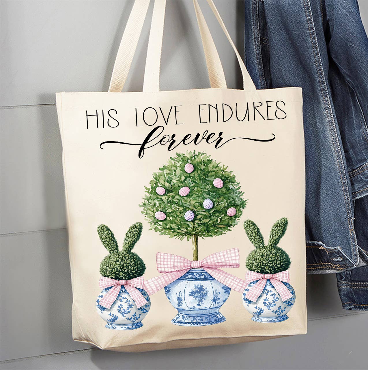 His Loves Endures Forever Topiary Easter Canvas Tote Bag