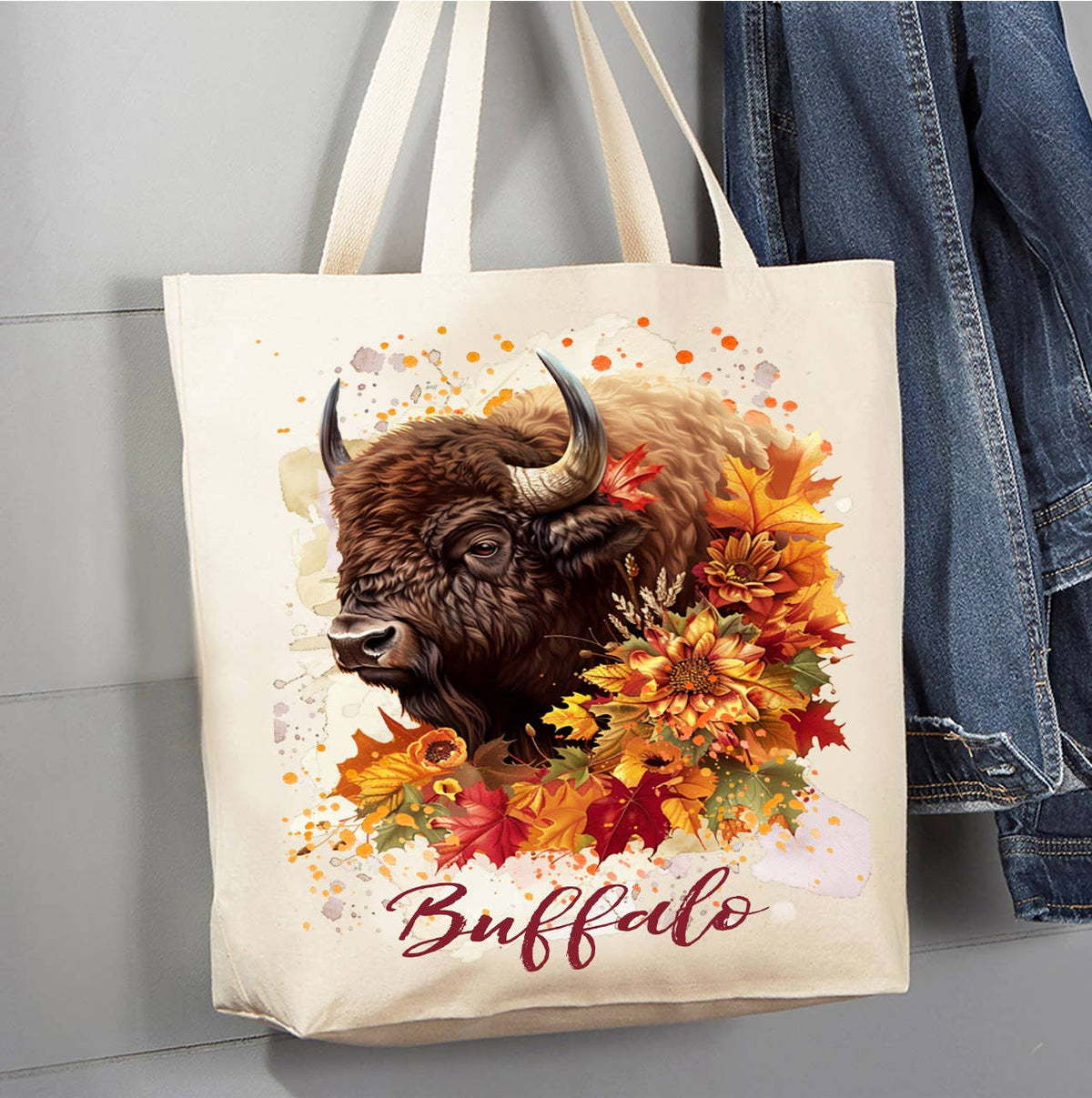 Autumn Fall Flowers Western Buffalo Canvas Tote Bag