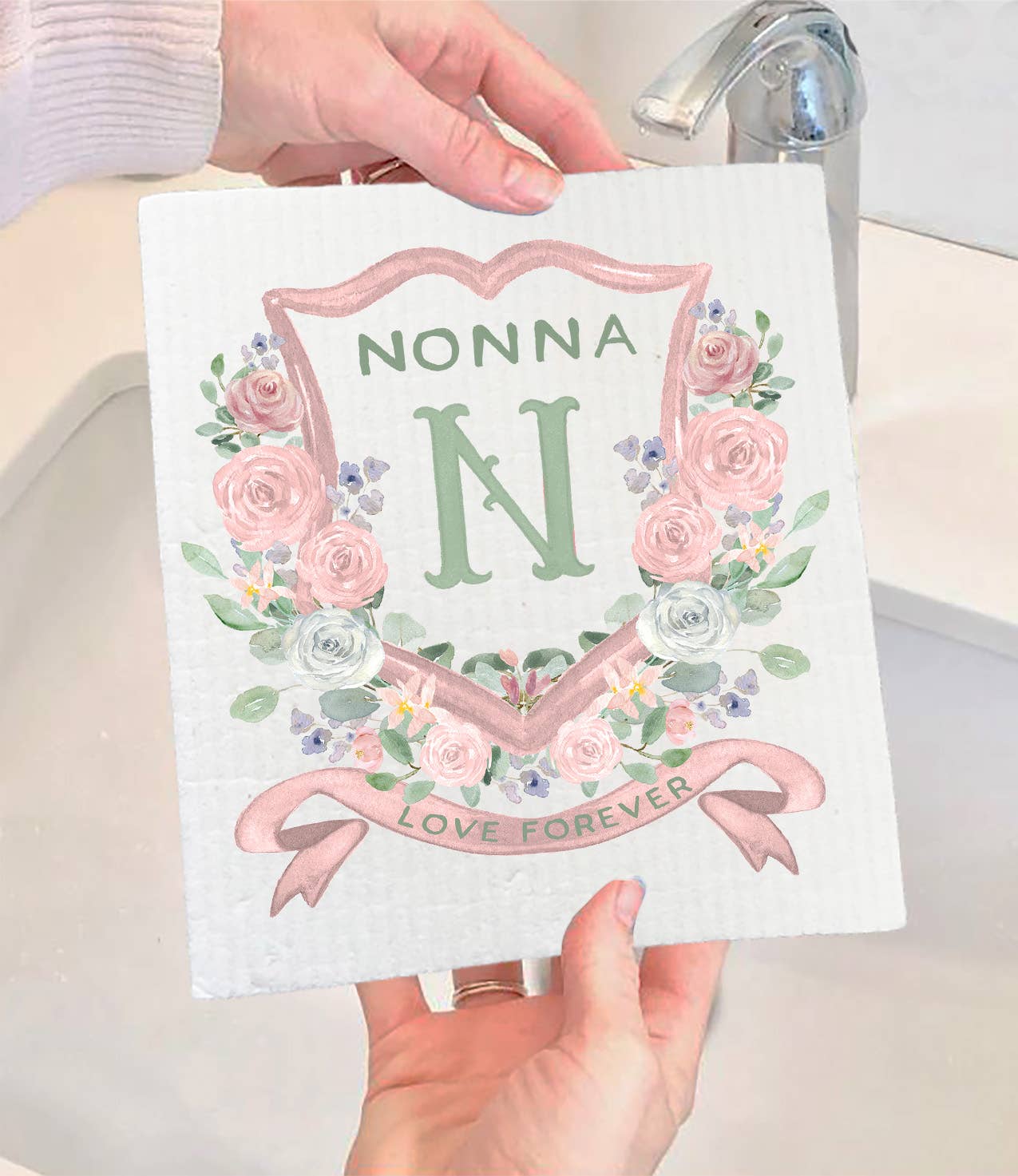 Mother's Day Nonna Floral Crest Swedish Dishcloth