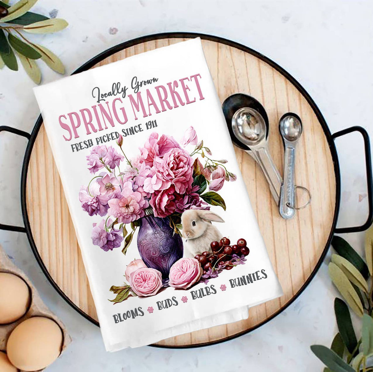 Spring Market Flowers Bunny Tea Towel