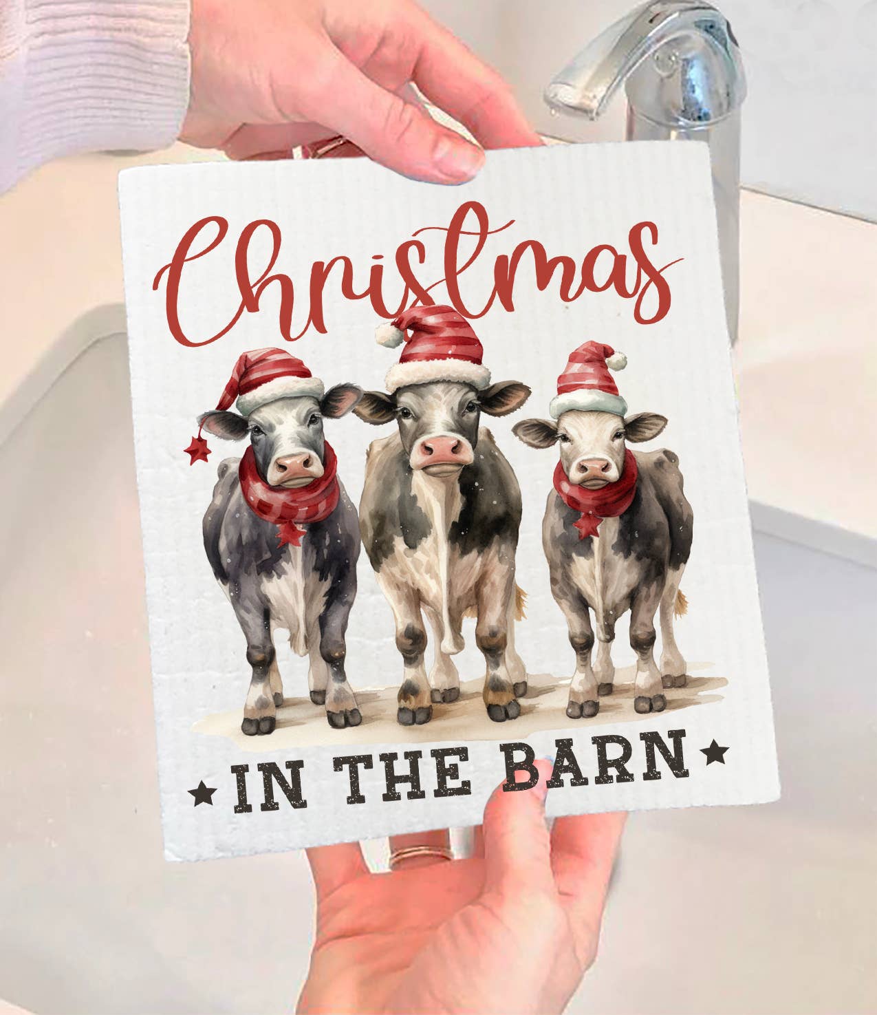 Christmas in the Barn Cows Swedish Dishcloth-Sets of 2