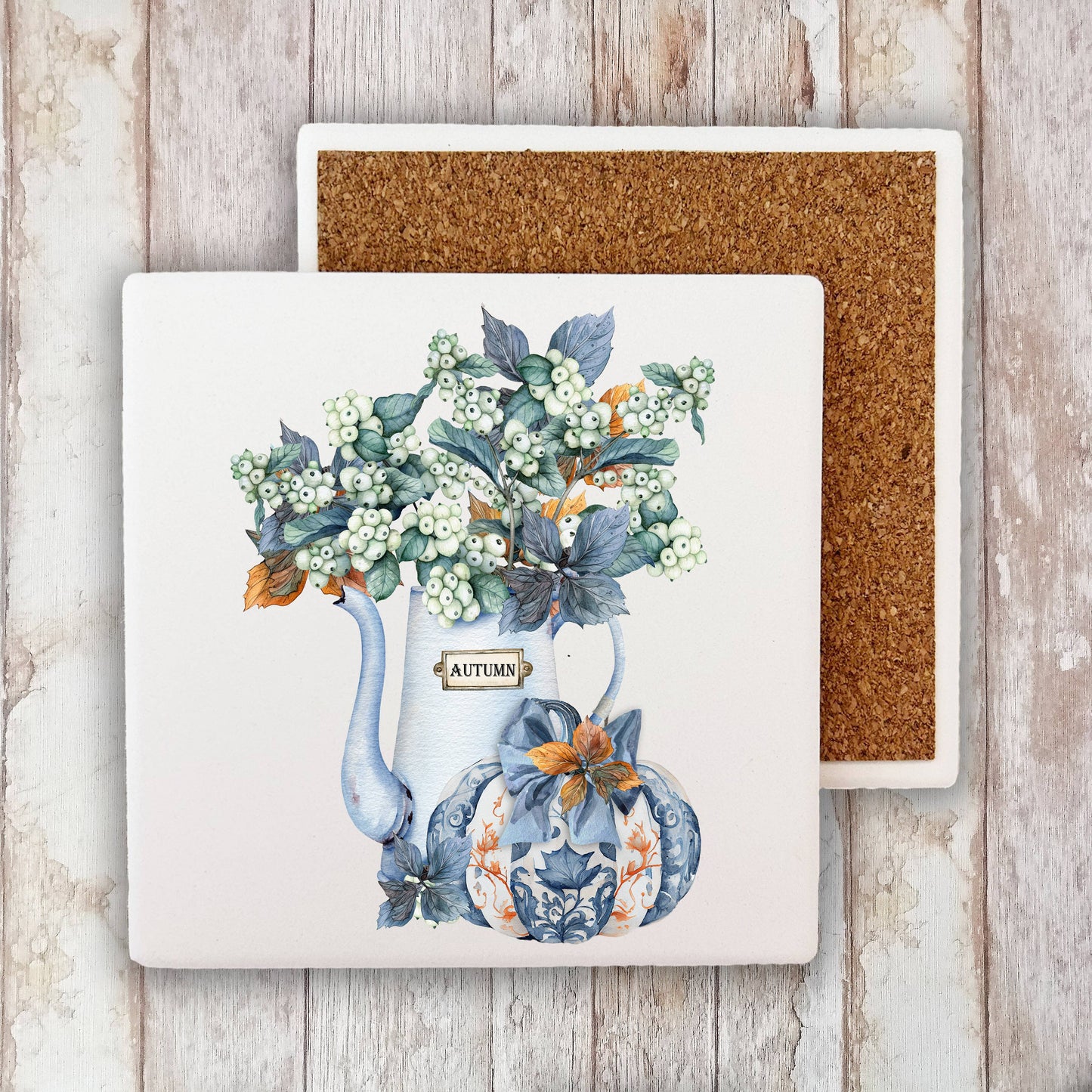 Autumn Blue White Pumpkins Flowers Stone Coaster