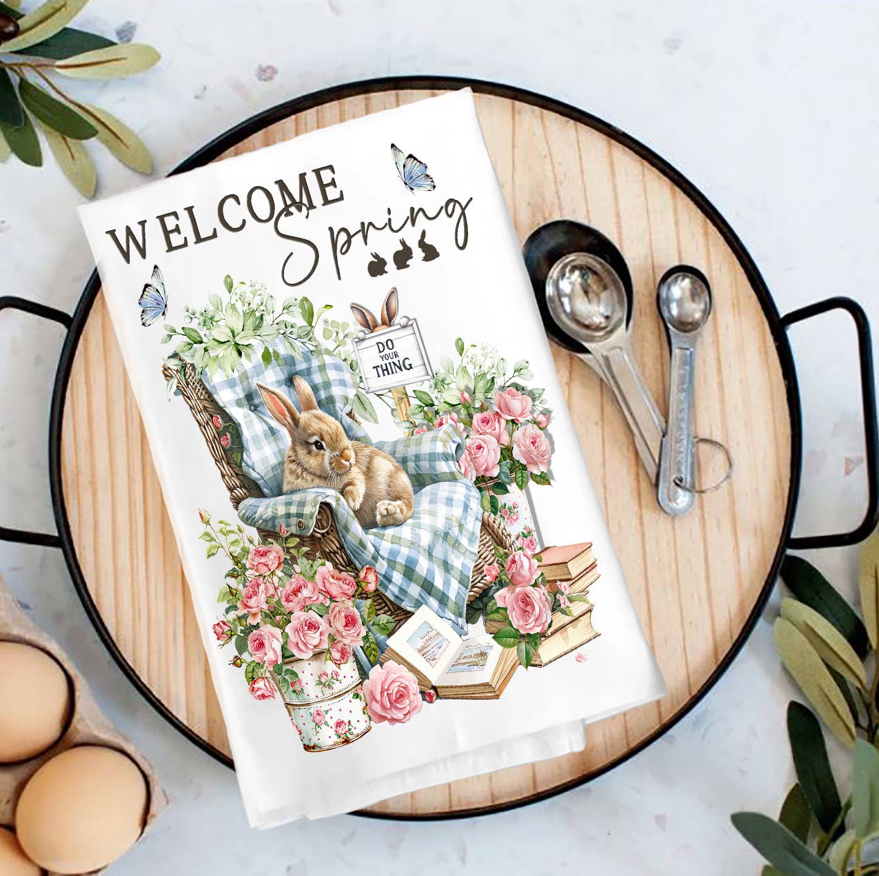 Welcome Spring Bunny Flowers Tea Towel