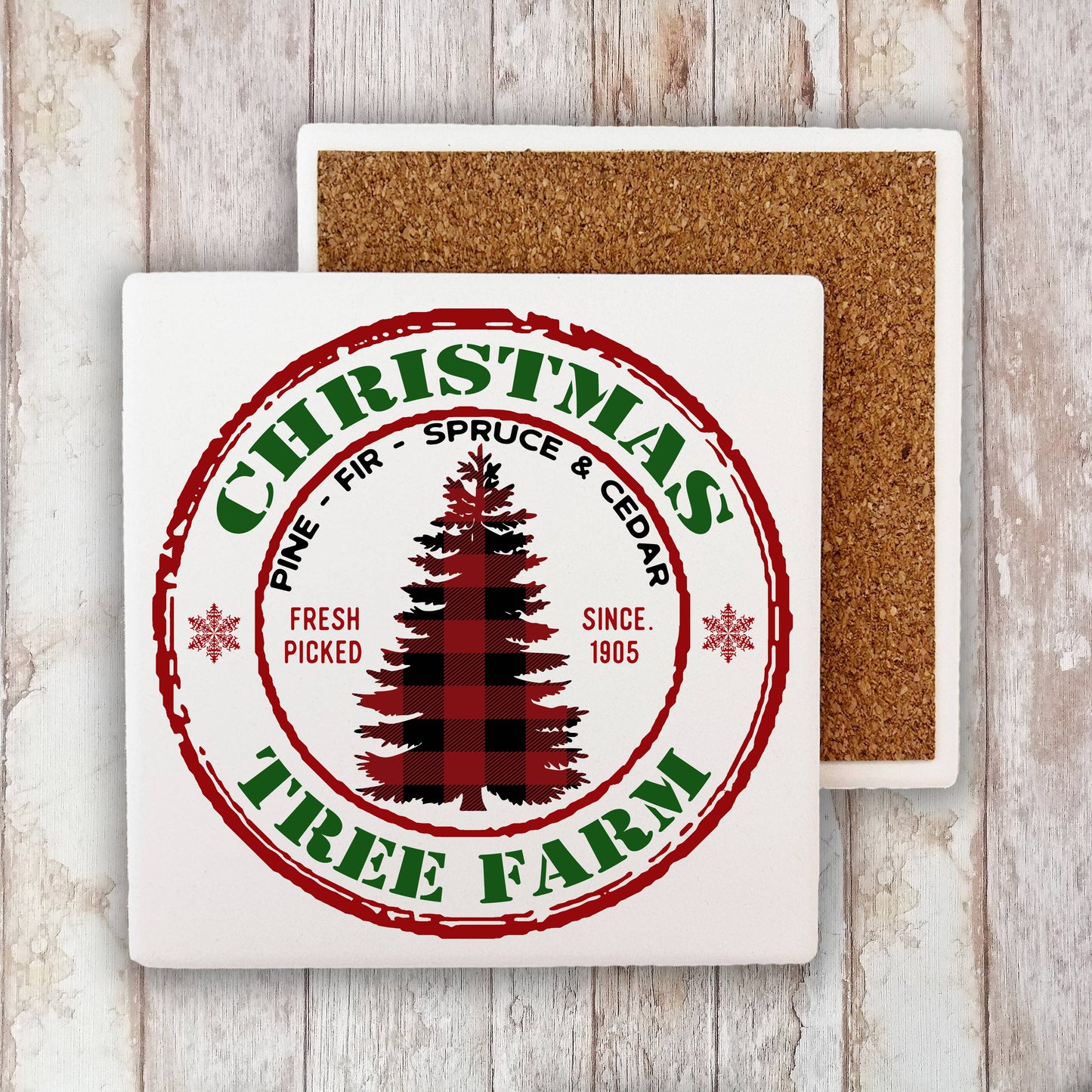Christmas Tree Farm Red Buffalo Plaid Stone Coaster