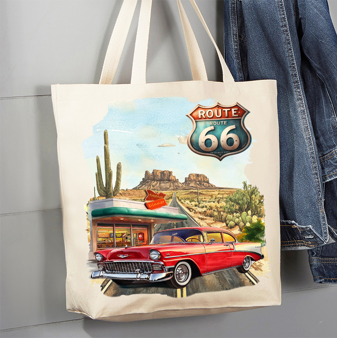 Route 66 Vintage Car Diner Canvas Tote Bag