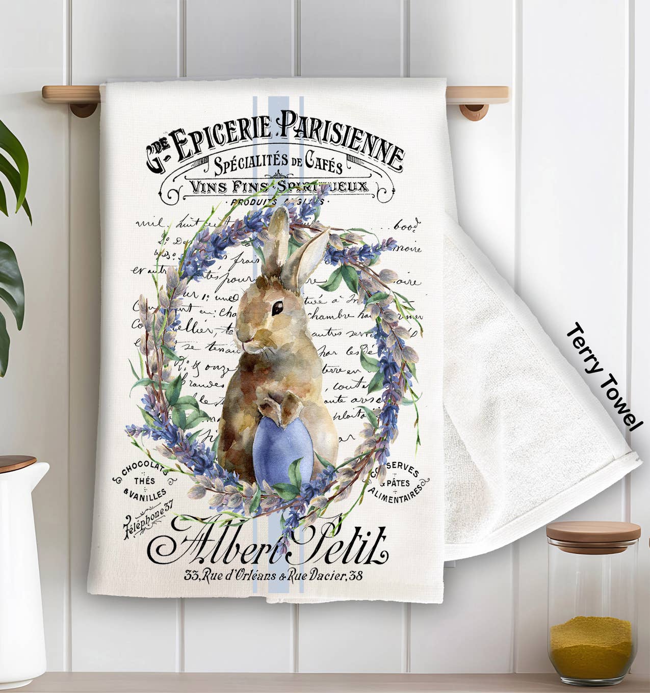 Vintage Easter Bunny Lavender French Kitchen Terry Towel