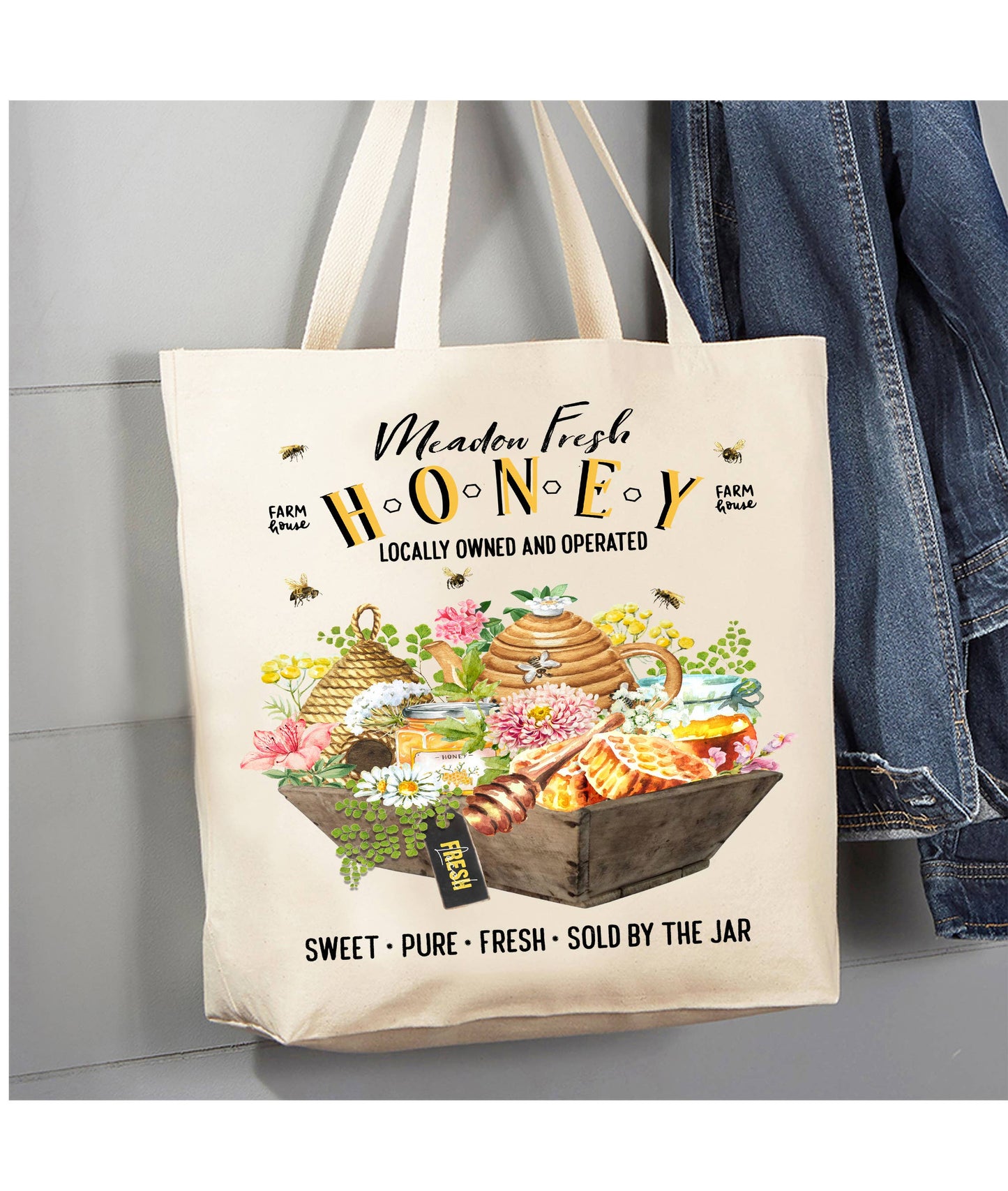 Modern Farmhouse Fresh Honey Bees Canvas Tote Bag