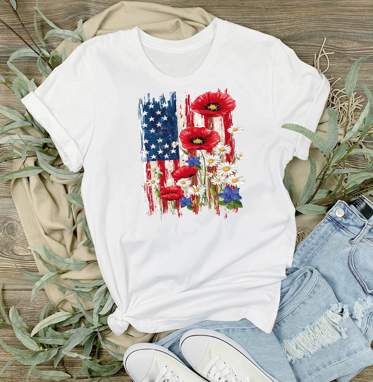 Patriotic American Flag Flowers T-Shirt