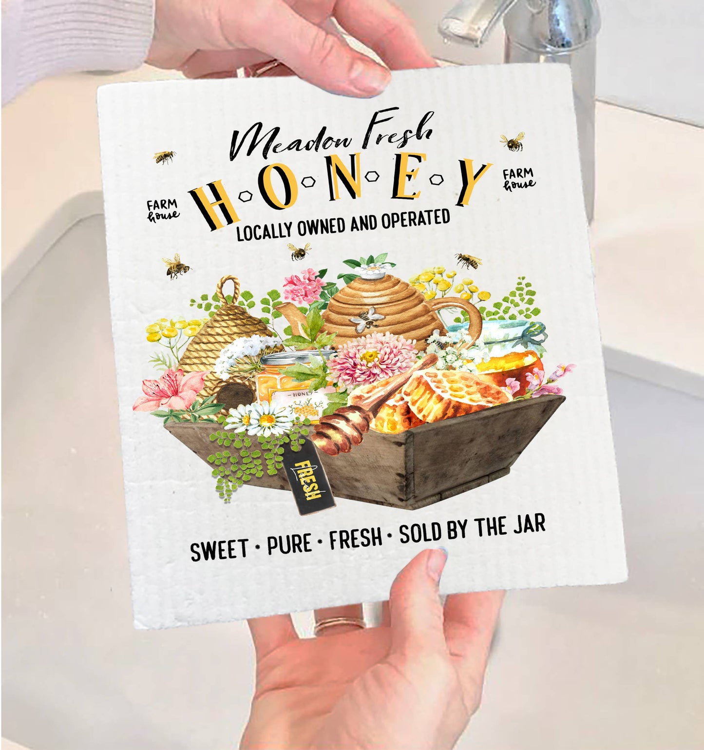 Modern Farmhouse Fresh Honey Bees Swedish Dishcloth-Set of 2