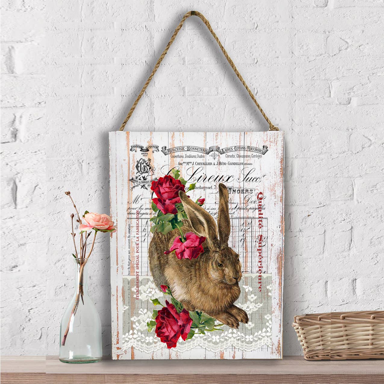 Vintage French Bunny Roses Spring Wall Decor
