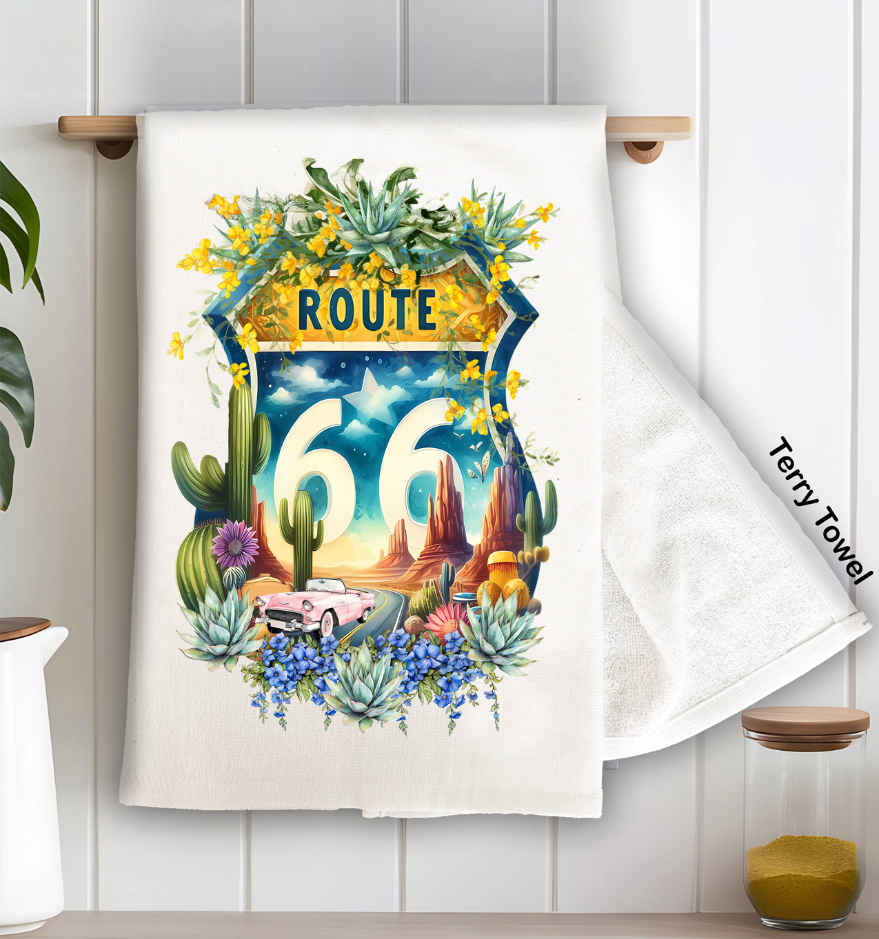 Route 66 Sign Succulents Kitchen Terry Towel