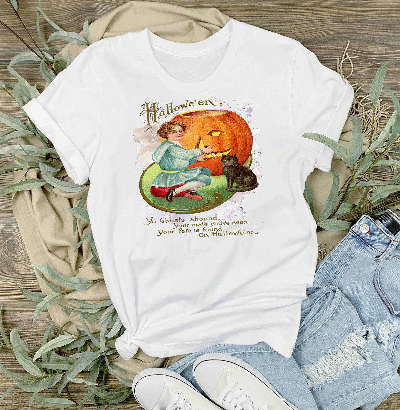 Halloween Vintage Pumpkin Black Cat T-Shirt