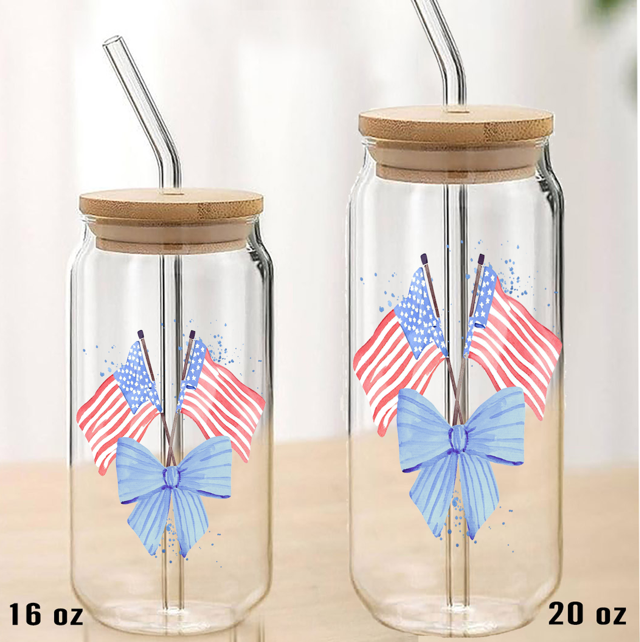 Patriotic Watercolor Flag Bow Can Glass with Lid Straw
