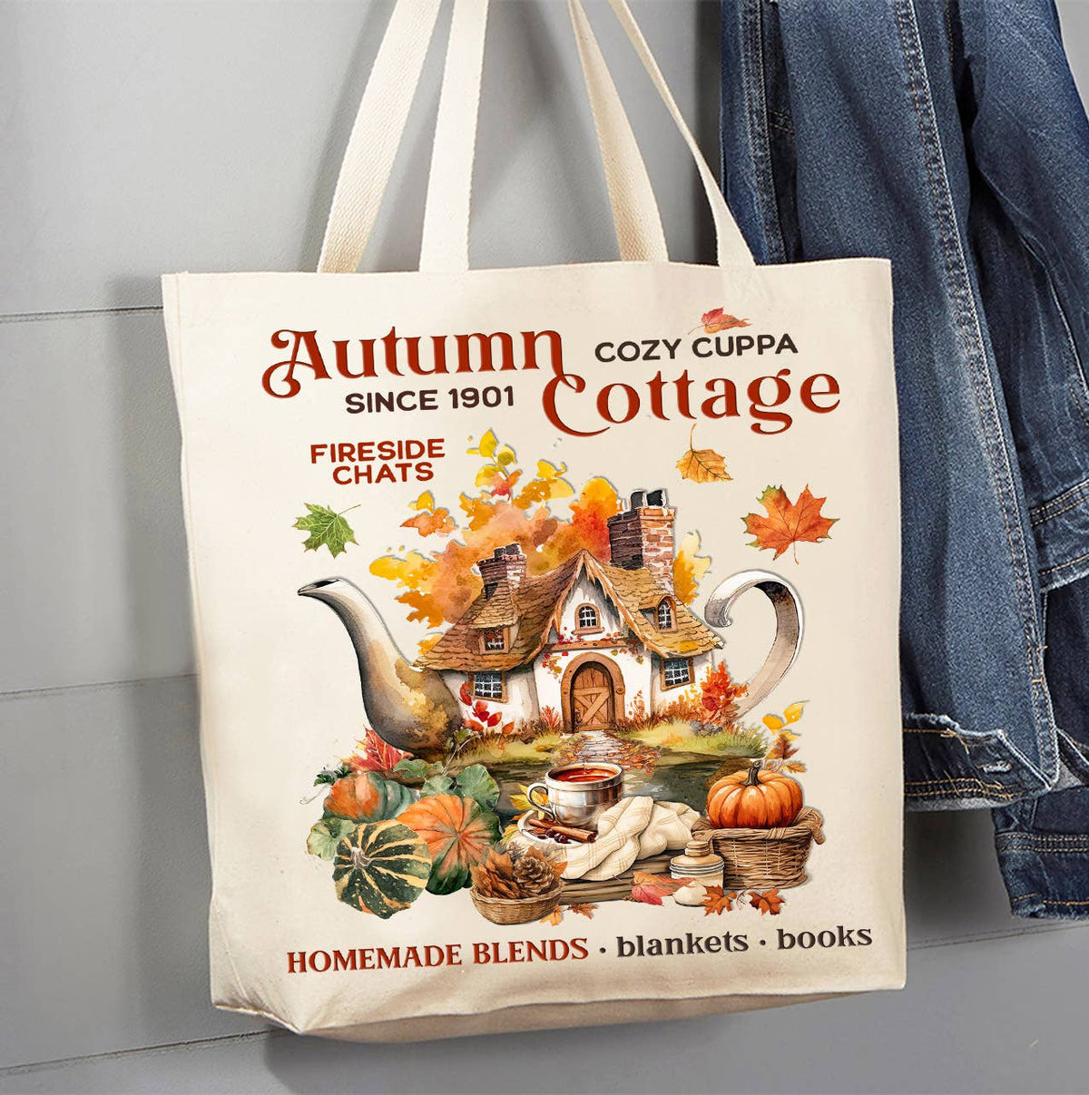 Autumn Fall Tea Cottage Canvas Tote Bag
