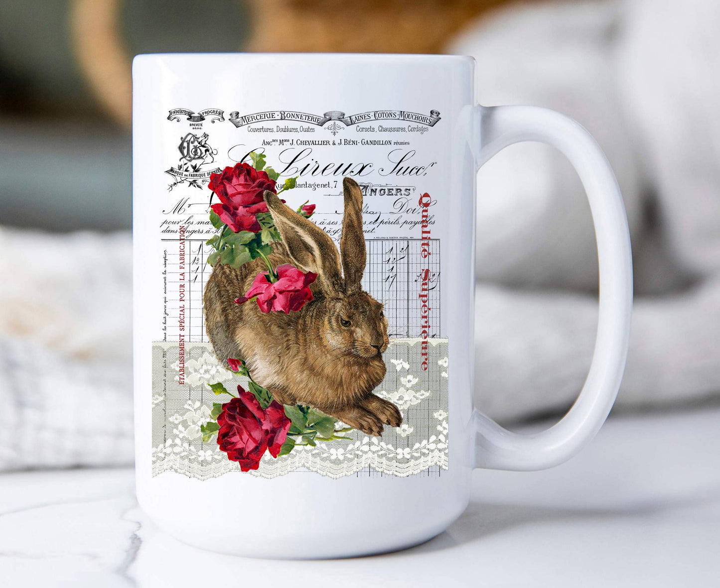 Vintage French Bunny Roses Spring 15 oz Coffee Mug