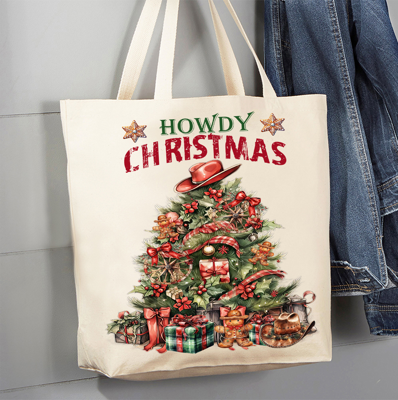 Western Howdy Christmas Tree Canvas Tote Bag