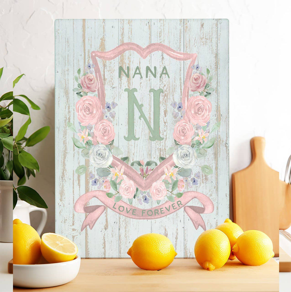 Mother's Day Nana Floral Crest Glass Cutting Board