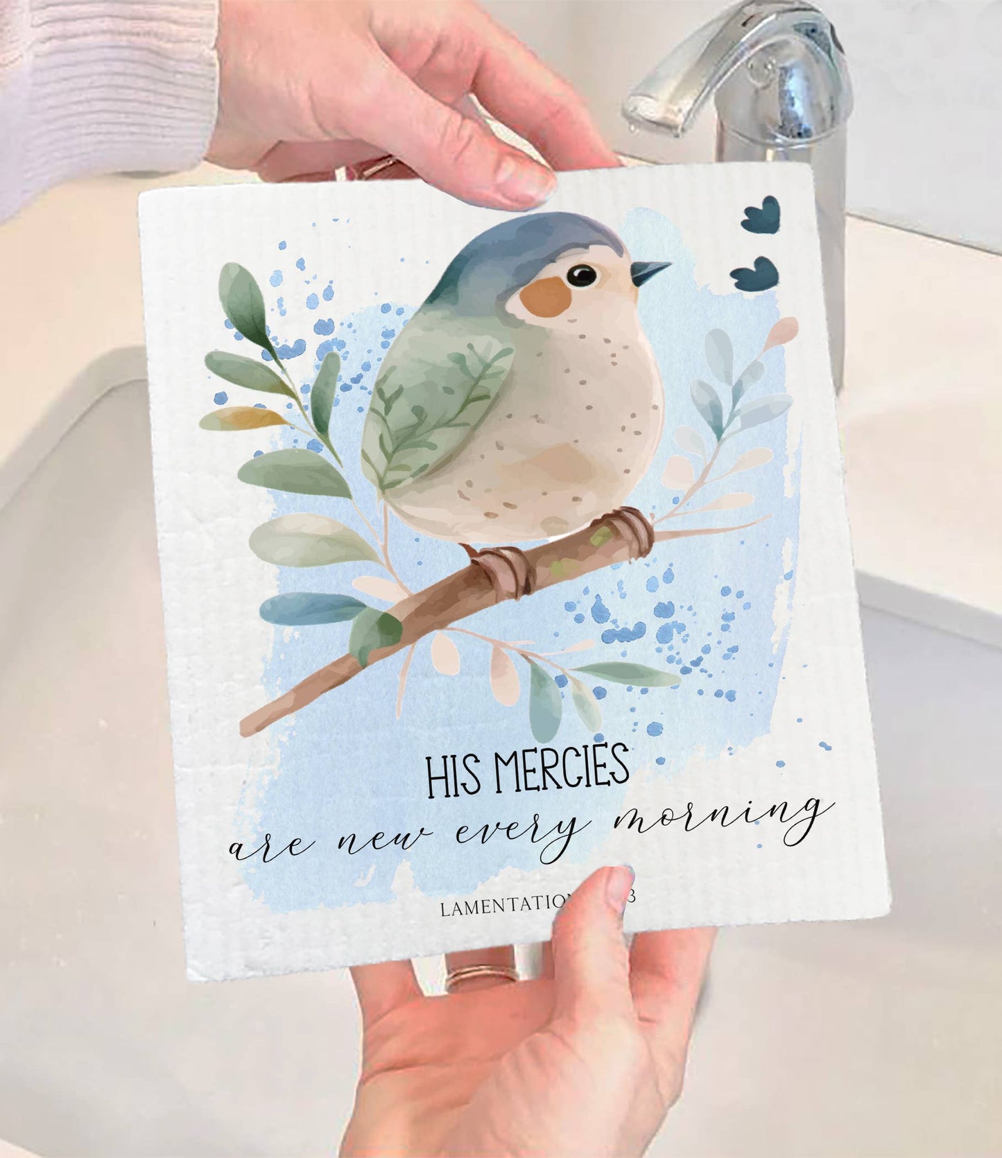 Set of 2 - Spiritual His Mercies are New Bird SWEDISH DISH CLOTH
