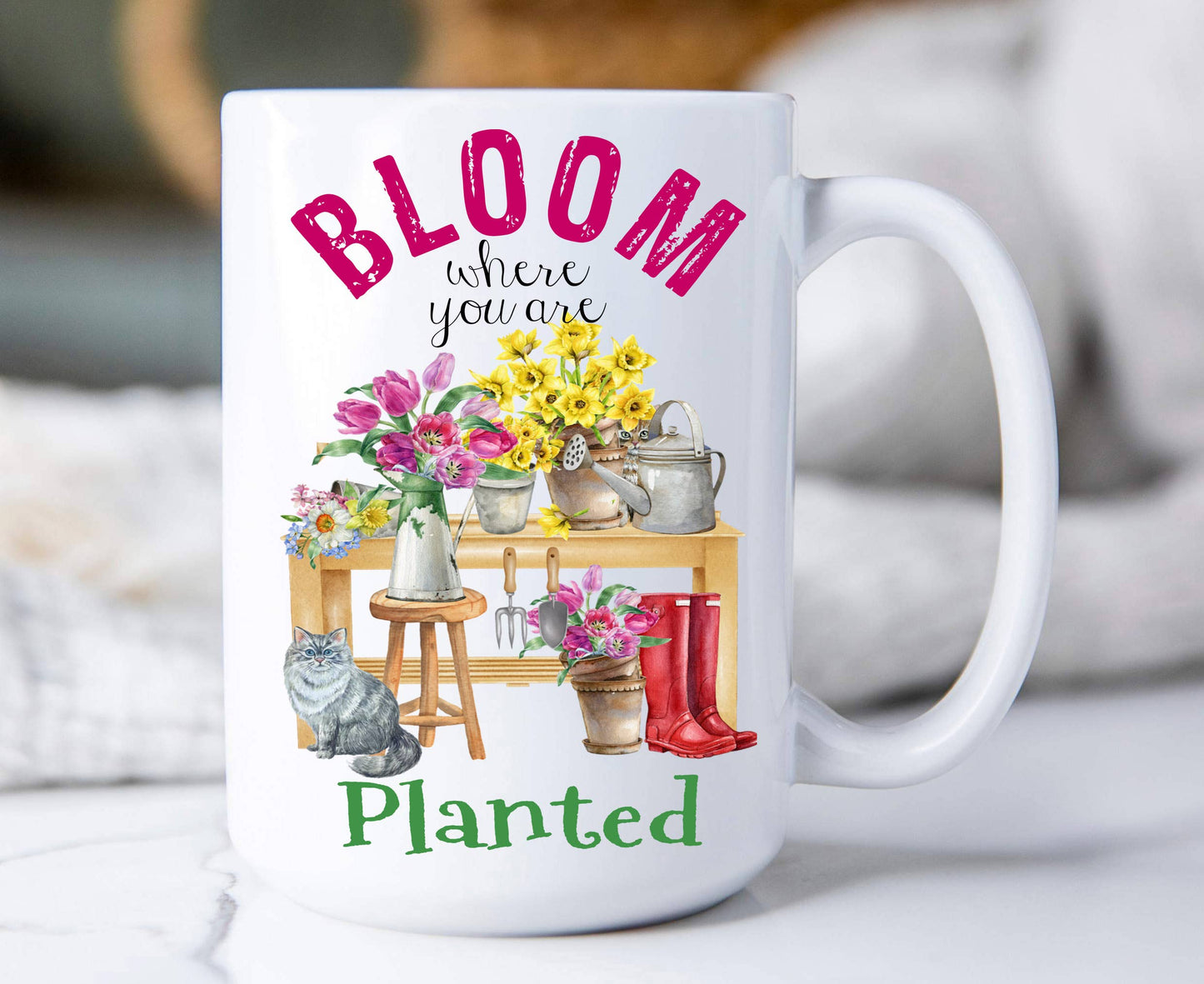 Bloom where you're planted Flowers Cats 15 oz Coffee Mug