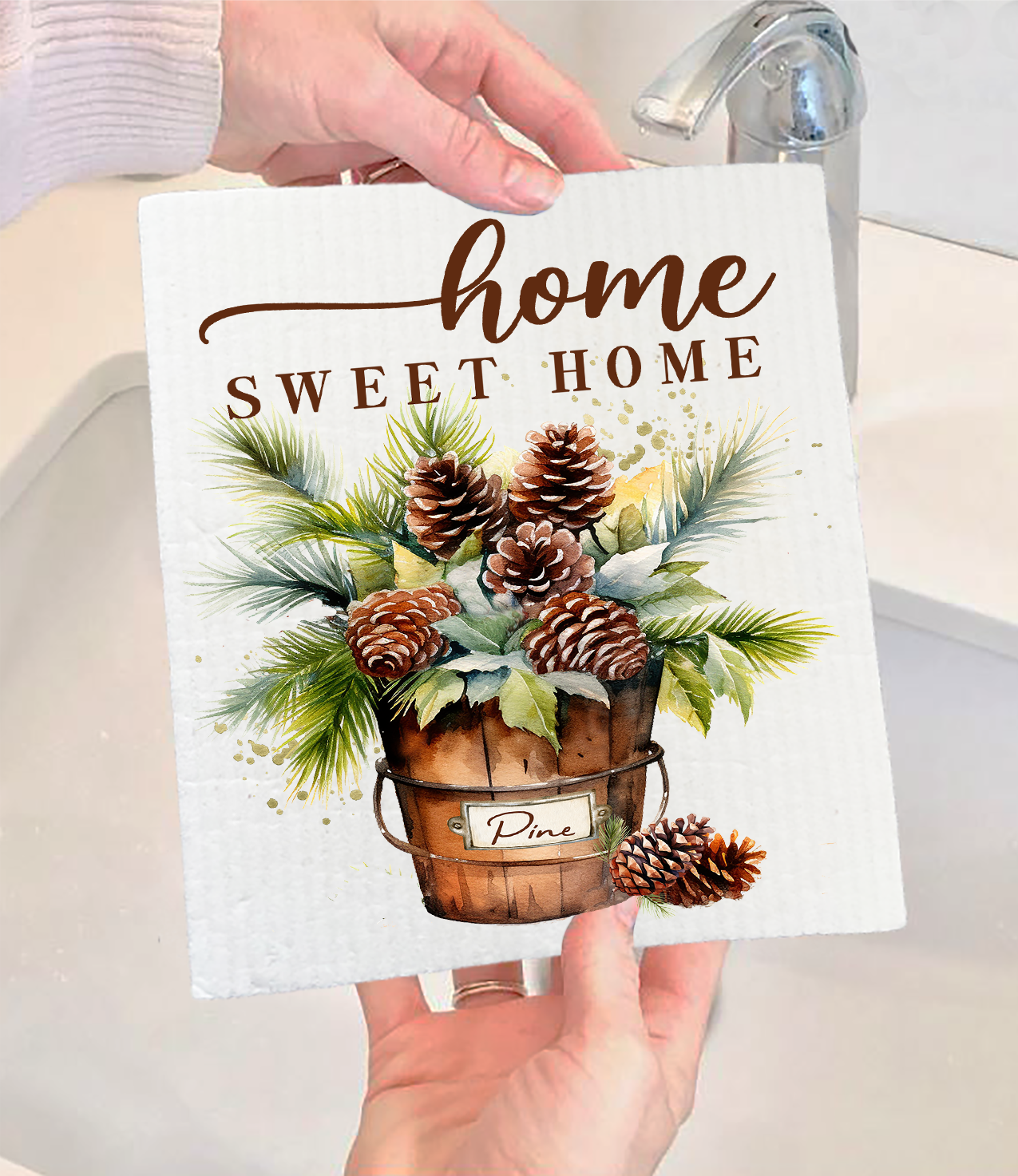 Home Sweet Home Bucket Pine Cones Swedish Dishcloth (Set of 2)