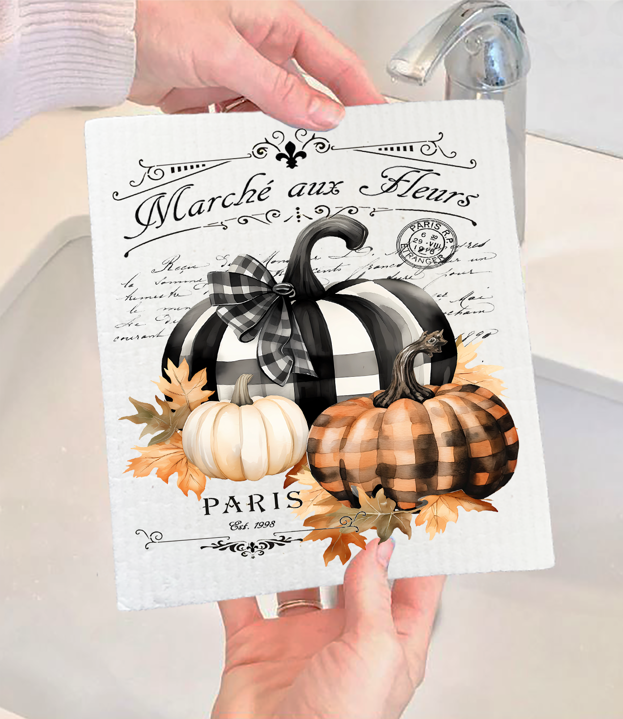 Fall French Black white Checkered Pumpkins Swedish Dishcloth