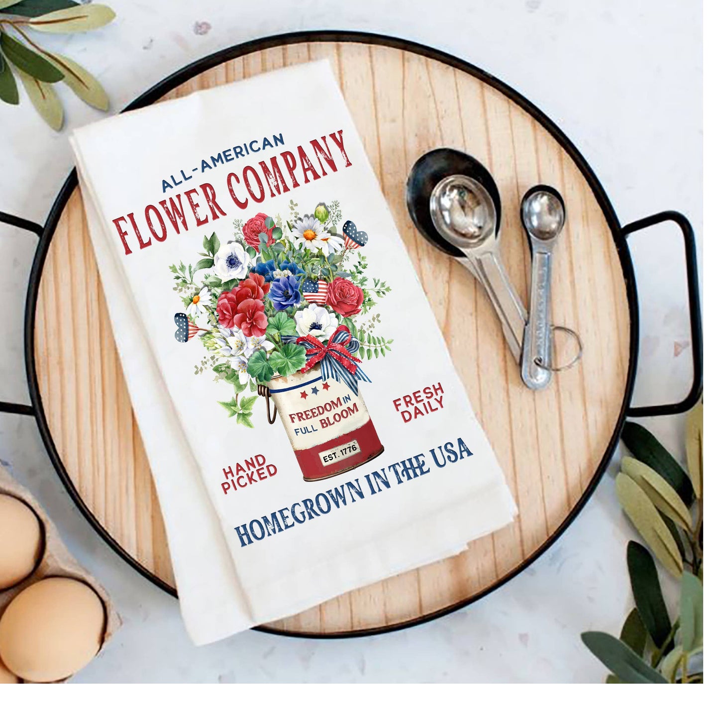 Farmhouse 4th of July Patriotic Flowers Tea Towel