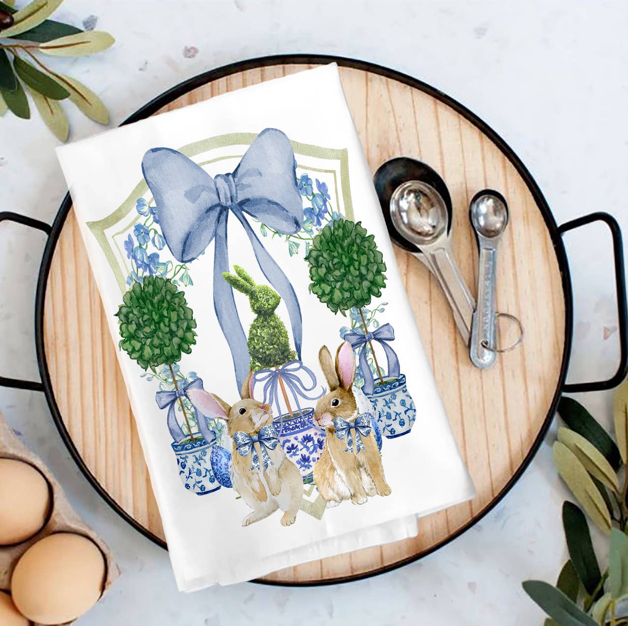Easter Bunny Topiary Preppy Tea Towel