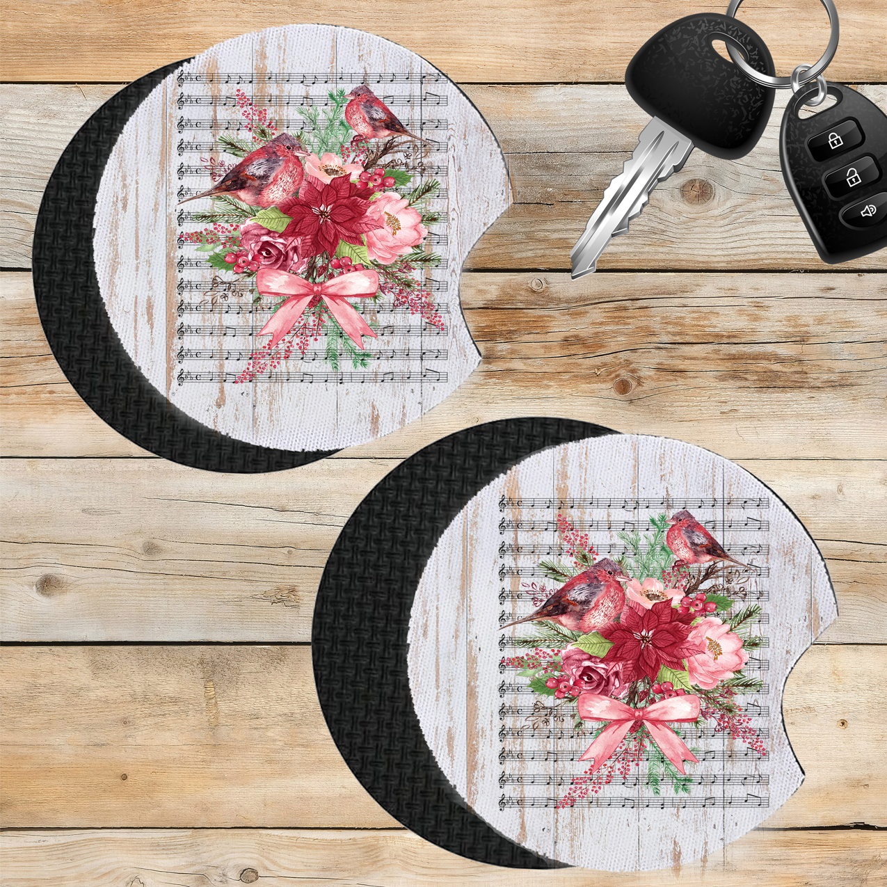 Car Coaster Christmas Red Cardinals Musical Notes