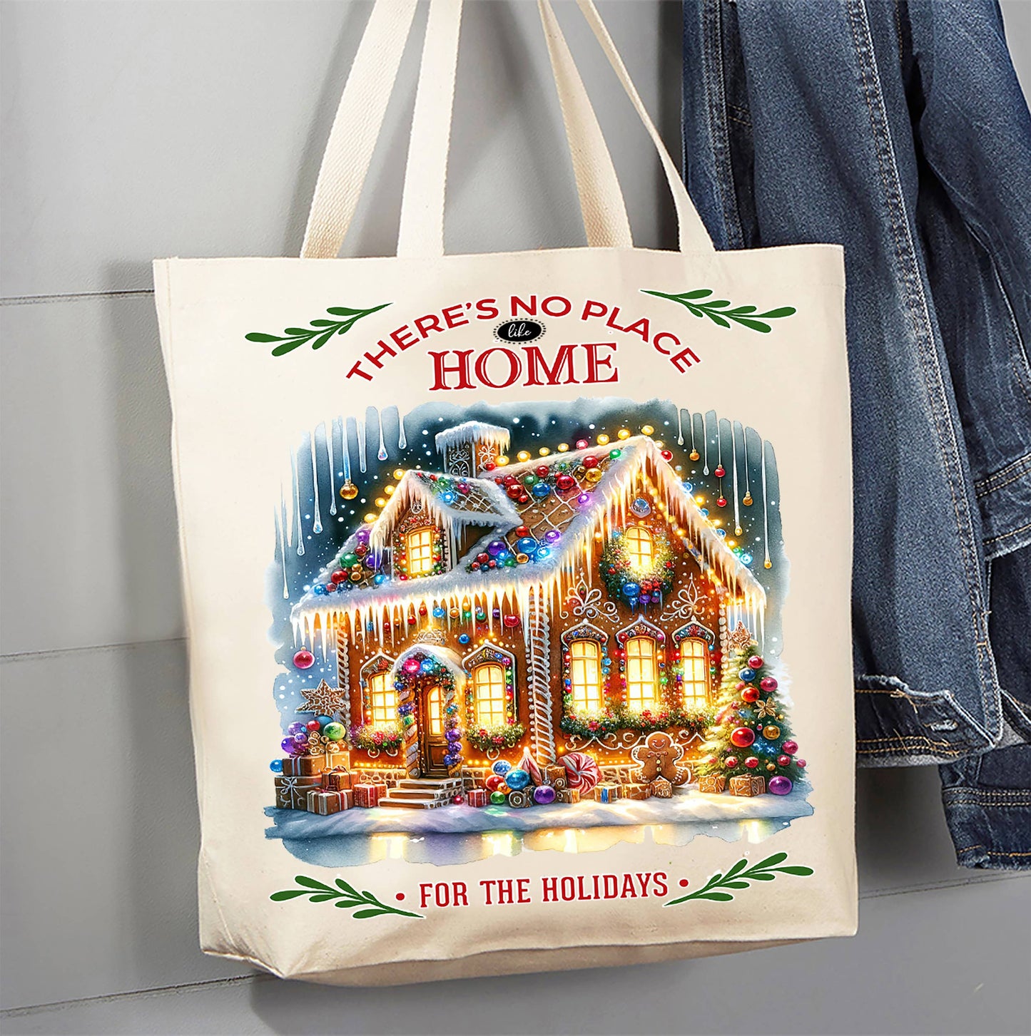 Christmas No Place Like Home Gingerbread Canvas Tote Bag