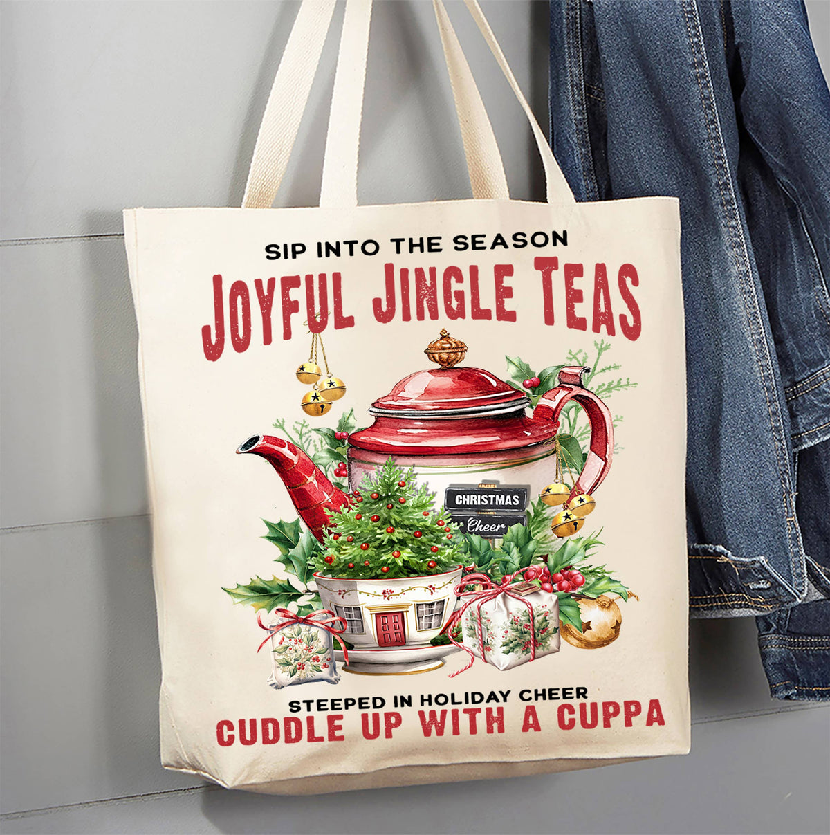 Christmas Joyful Jingle tea Pot Canvas Tote Bag
