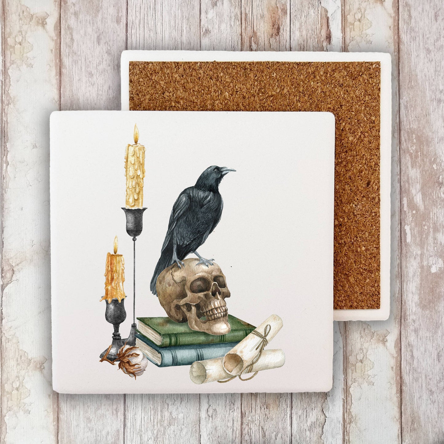 Halloween Black Crow Skull Candles Stone Coaster