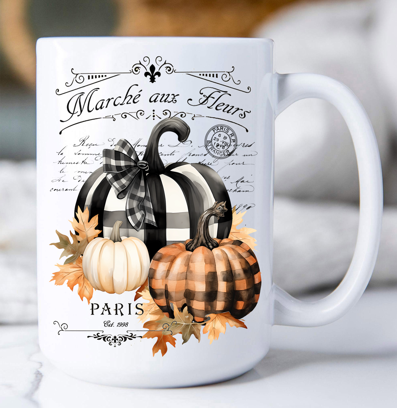 Fall French Black white Checkered Pumpkins Coffee Mug