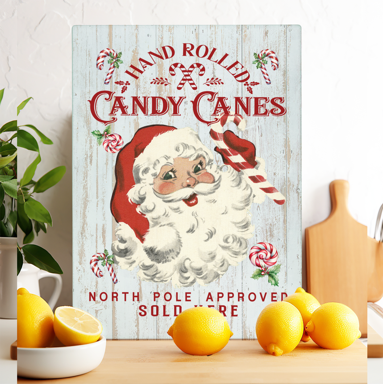 Glass Cutting Board Christmas Candy Cane Vintage Santa
