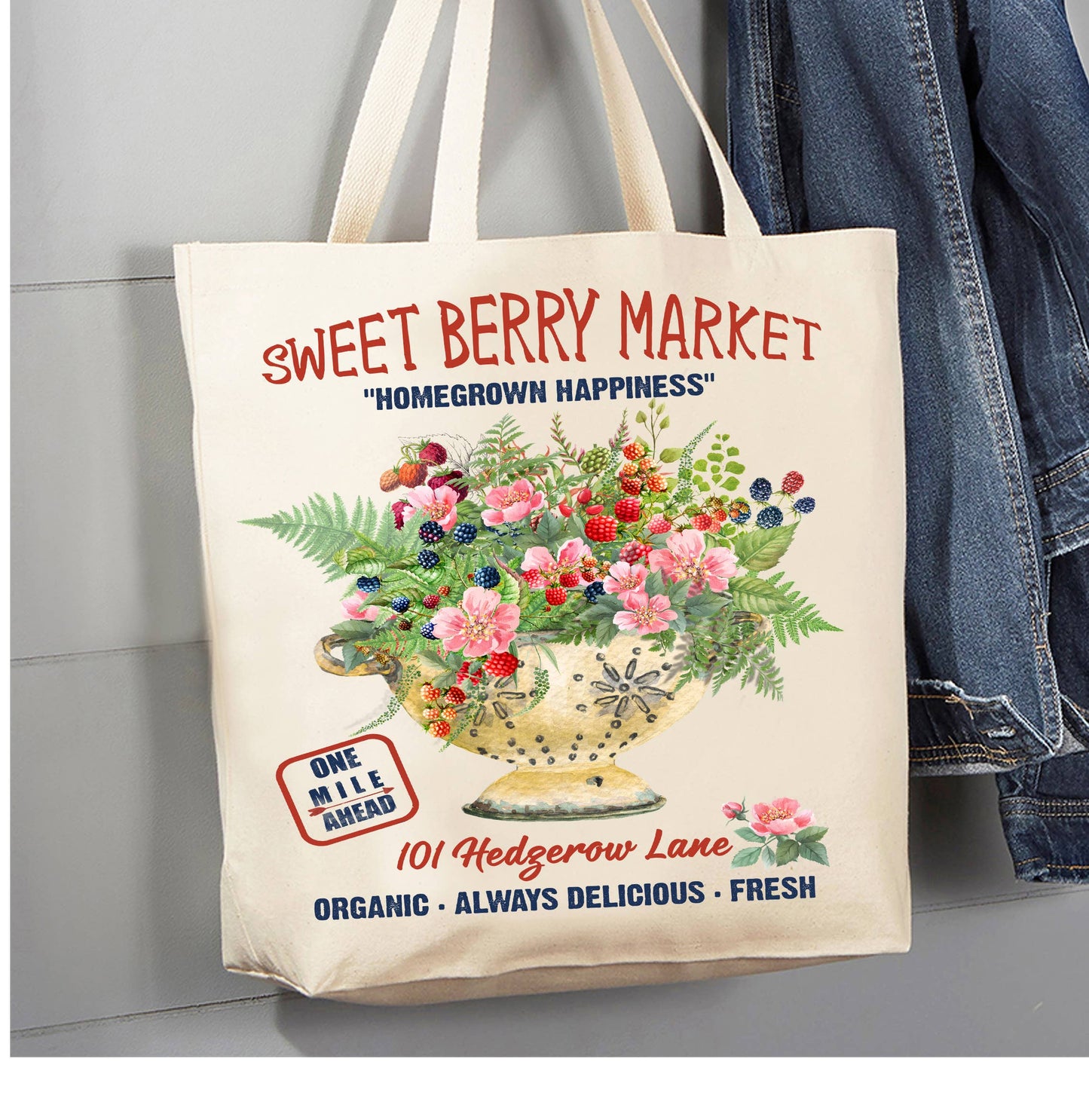 Farmhouse Sweet Blueberry Raspberry Canvas Tote Bag