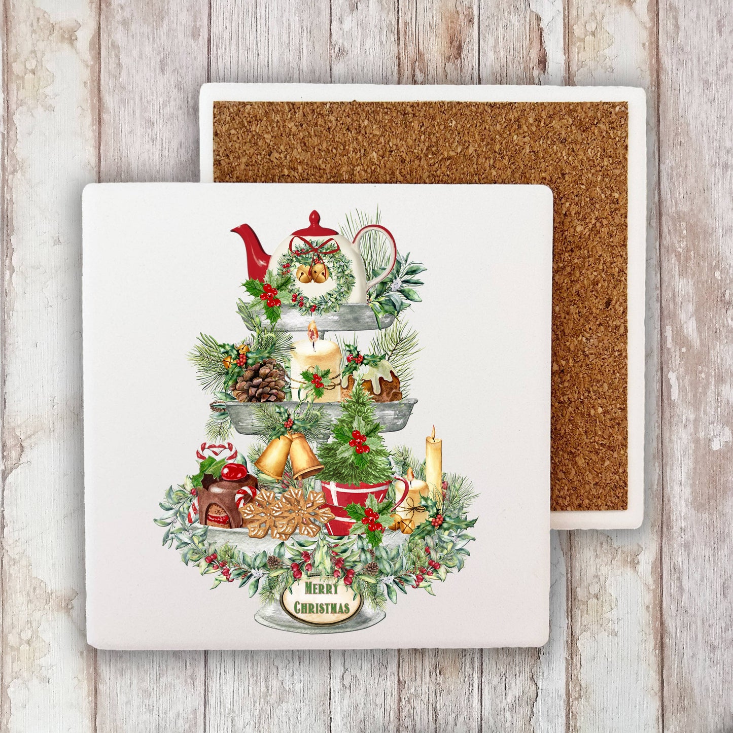 Merry Christmas Farmhouse 3 Tier Tray Stone Coaster