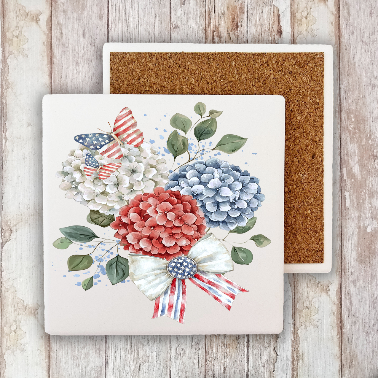 Patriotic Hydrangea Butterfly Stone Coaster (Set of 2)