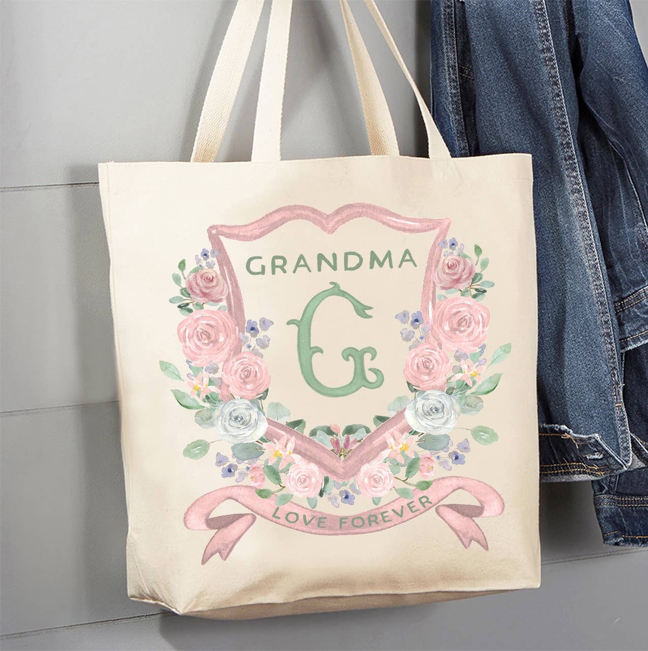 Mother's Day Grandma Floral Crest Canvas Tote Bag